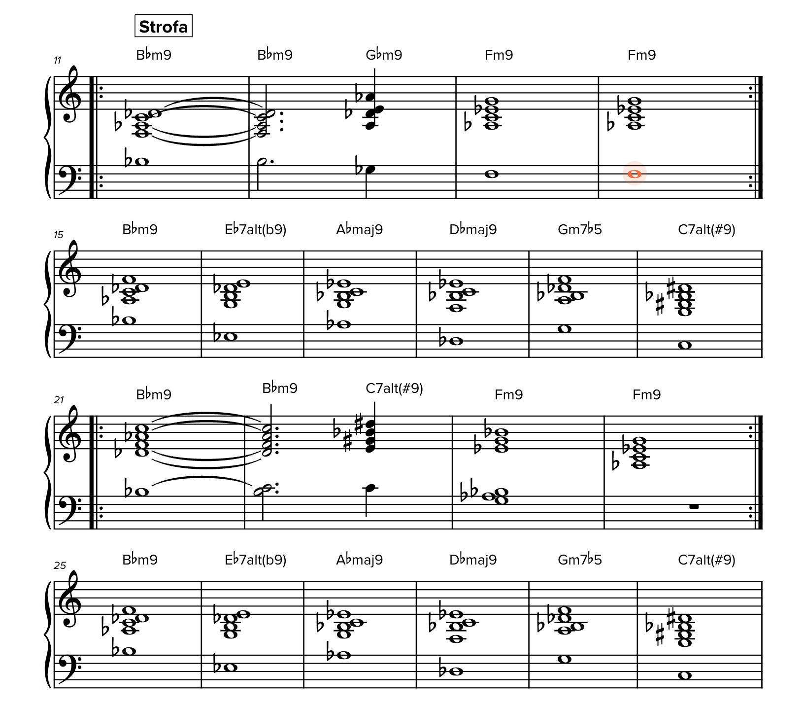 Esempio di partitura interattiva: accordi di jazz e bossa nova con voicings annotati
