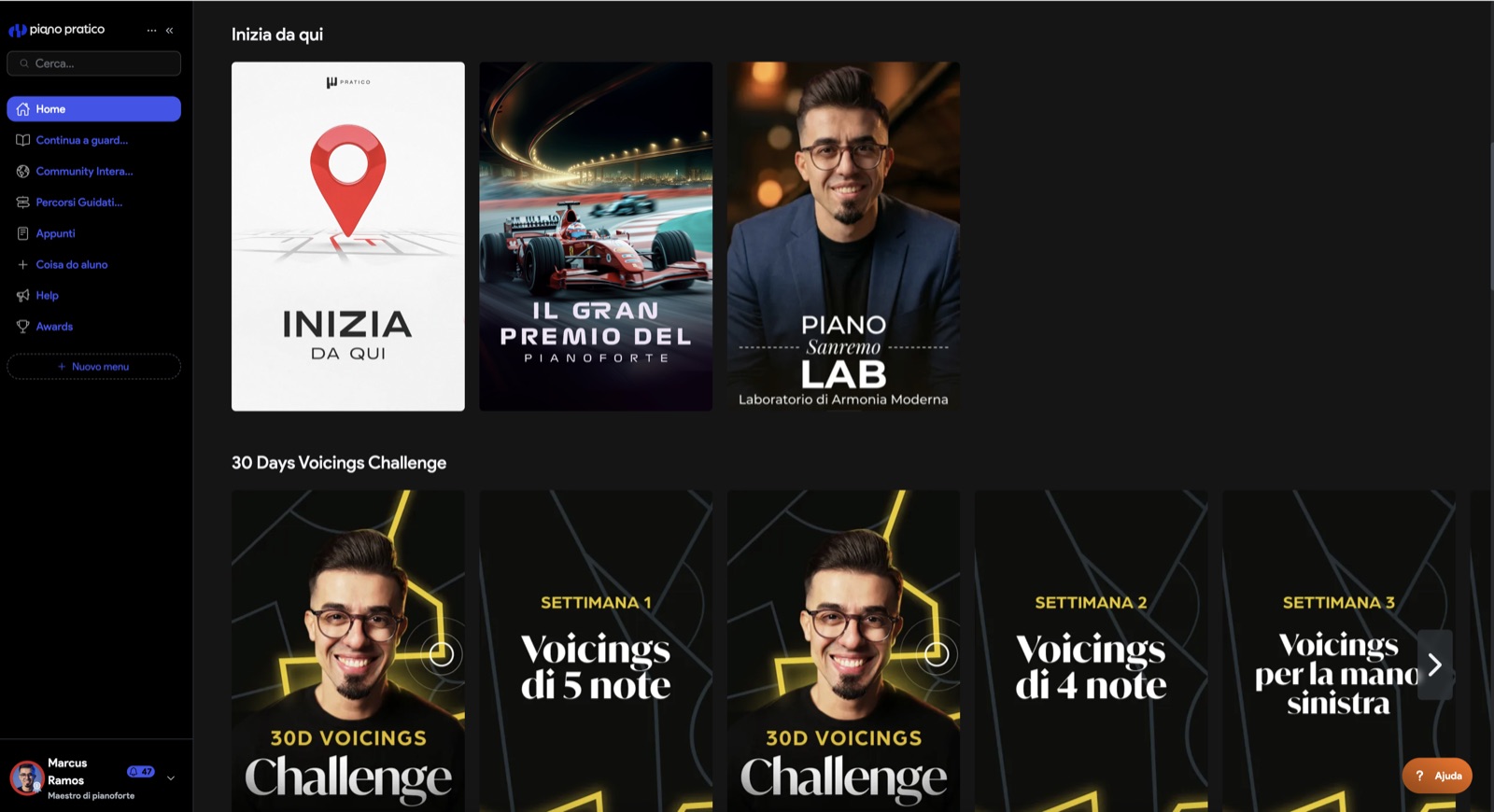 Schermata della piattaforma Piano Pratico: corsi, percorsi guidati e community