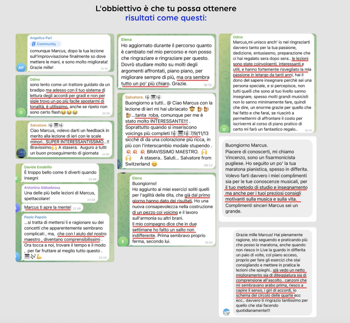 Messaggi reali della community: risultati degli alunni di Marcus